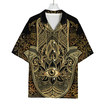 Gold Hamsa Hand Print Rayon Hawaiian Shirt