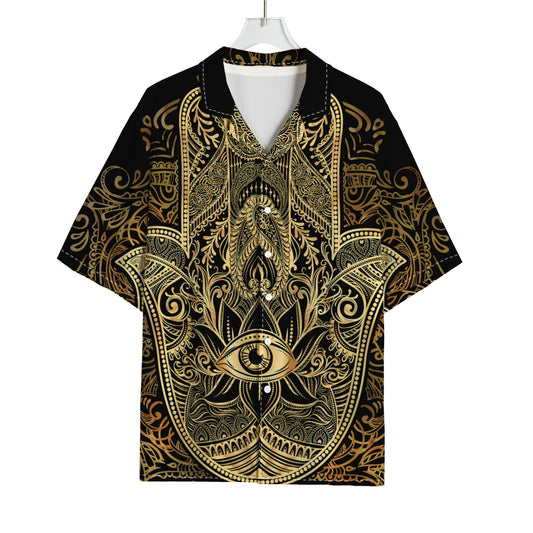 Gold Hamsa Hand Print Rayon Hawaiian Shirt