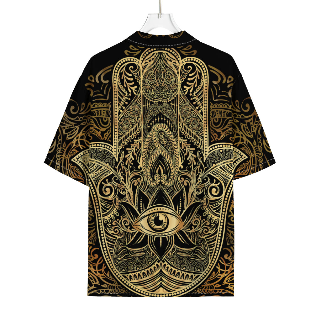 Gold Hamsa Hand Print Rayon Hawaiian Shirt