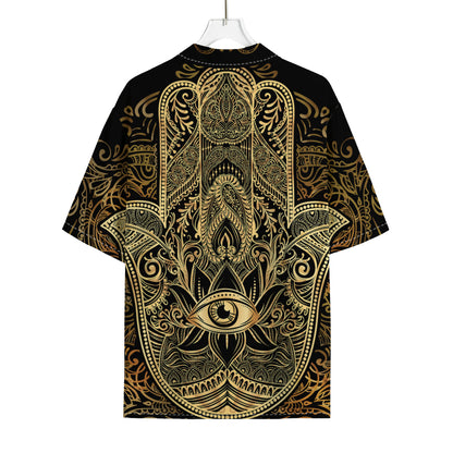 Gold Hamsa Hand Print Rayon Hawaiian Shirt