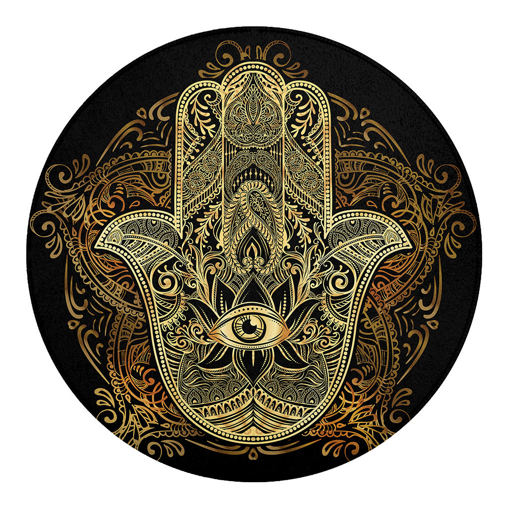 Gold Hamsa Hand Print Round Blanket
