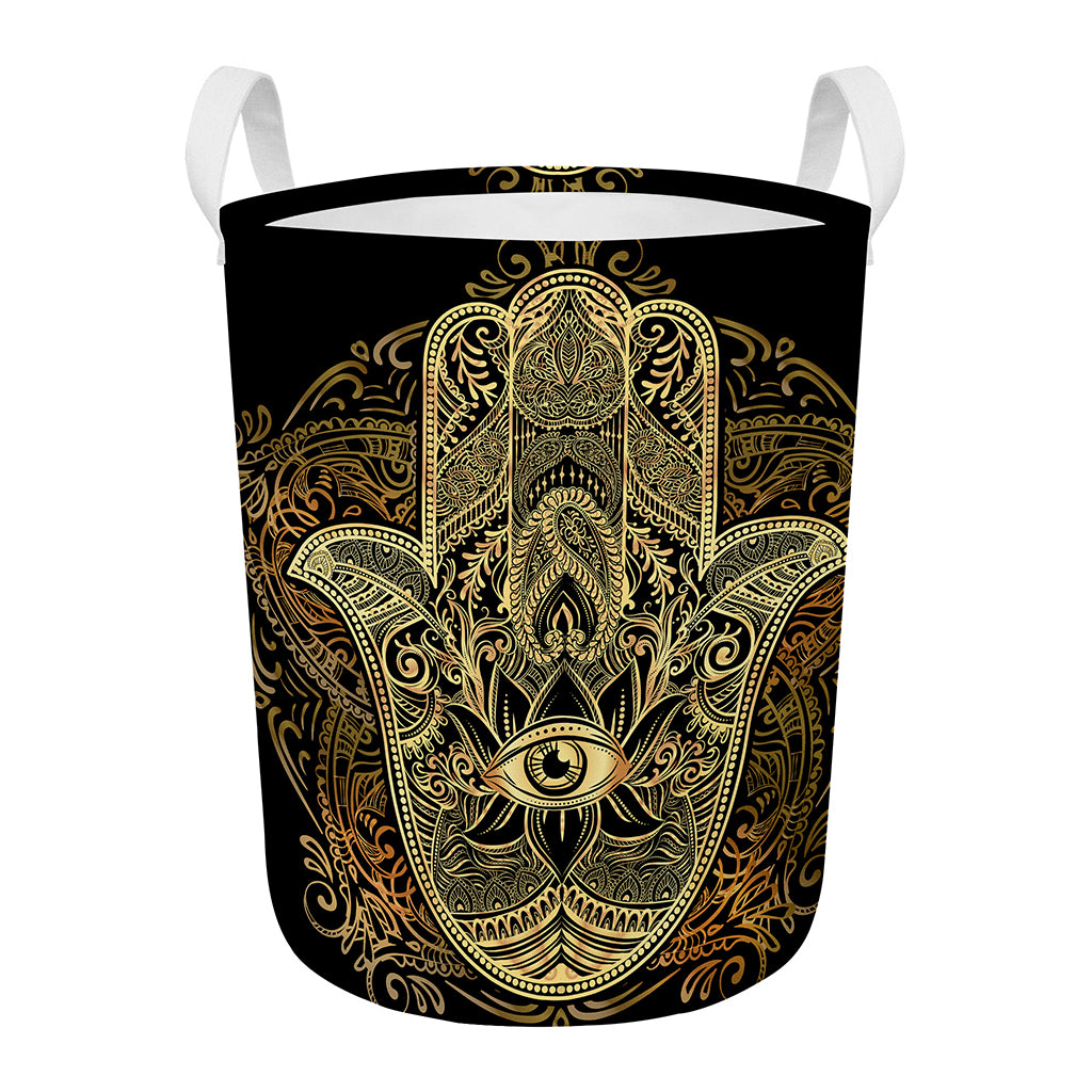 Gold Hamsa Hand Print Round Laundry Basket