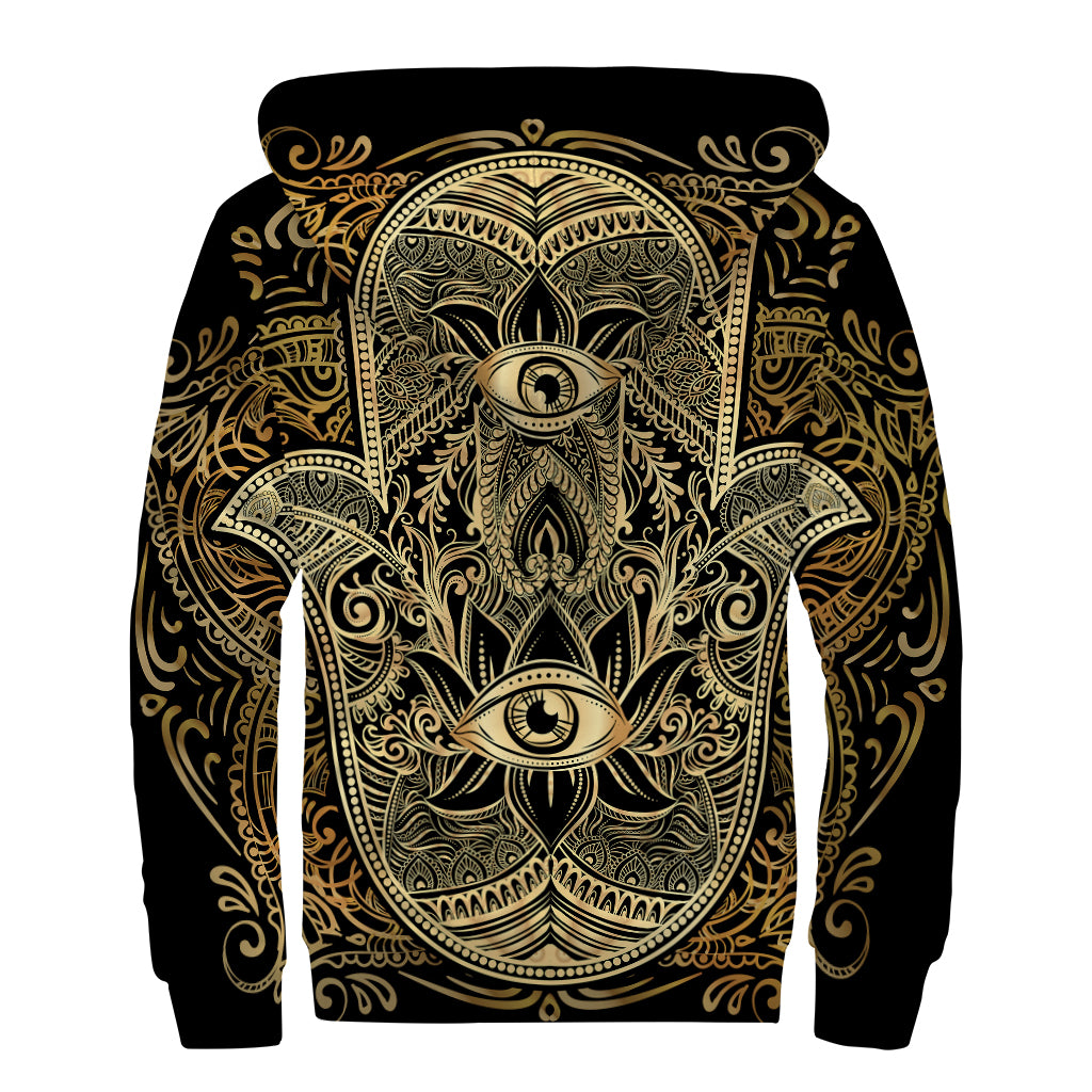 Gold Hamsa Hand Print Sherpa Lined Zip Up Hoodie