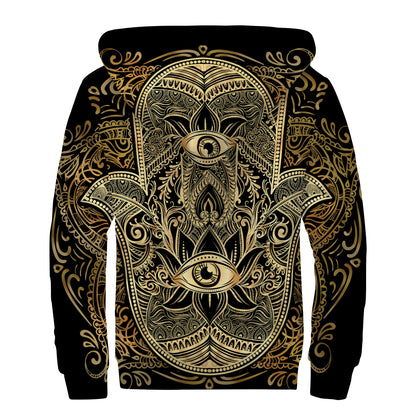 Gold Hamsa Hand Print Sherpa Lined Zip Up Hoodie