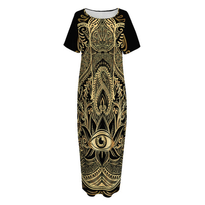 Gold Hamsa Hand Print Short Sleeve Long Nightdress