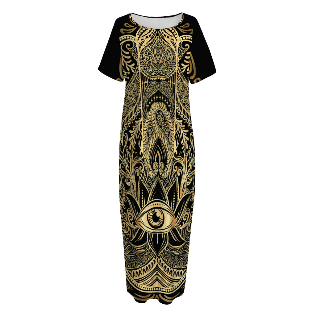 Gold Hamsa Hand Print Short Sleeve Long Nightdress