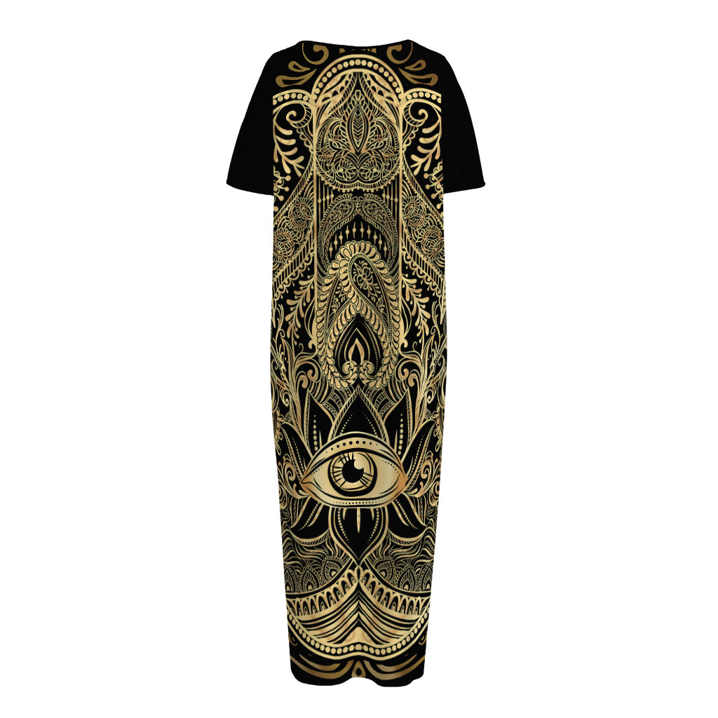 Gold Hamsa Hand Print Short Sleeve Long Nightdress