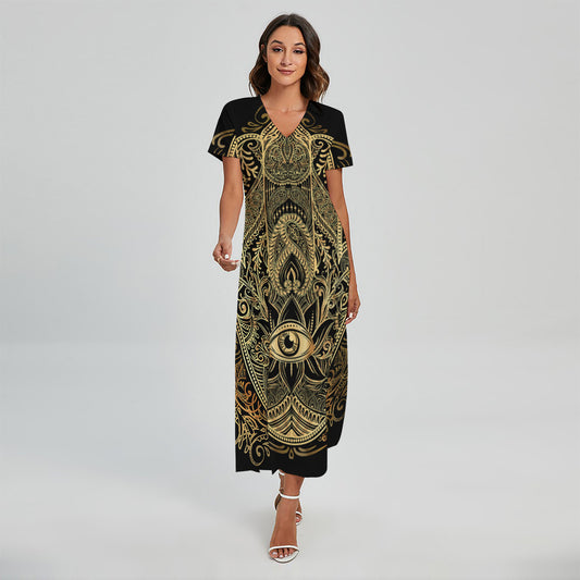 Gold Hamsa Hand Print Short Sleeve Maxi Dress