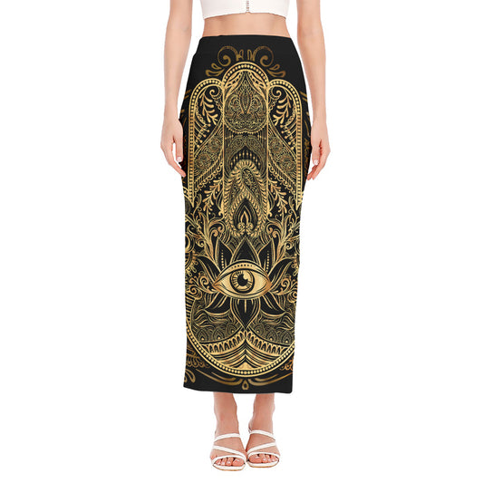 Gold Hamsa Hand Print Side Slit Maxi Skirt