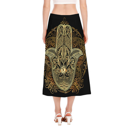 Gold Hamsa Hand Print Side Slit Midi Skirt