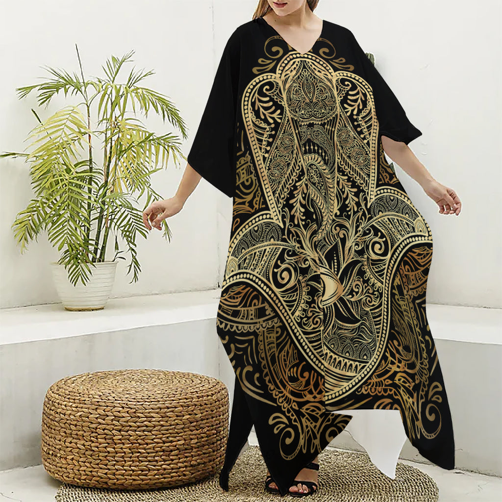 Gold Hamsa Hand Print Silk V-Neck Kaftan Dress