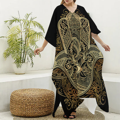Gold Hamsa Hand Print Silk V-Neck Kaftan Dress
