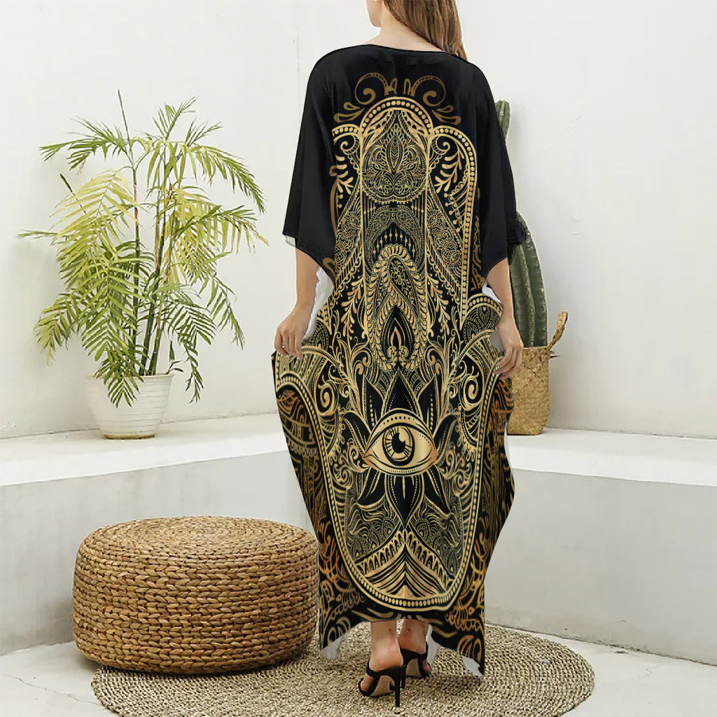 Gold Hamsa Hand Print Silk V-Neck Kaftan Dress