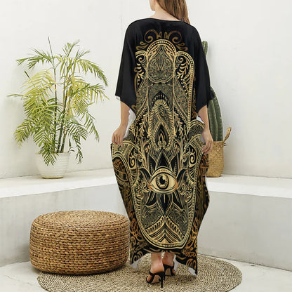 Gold Hamsa Hand Print Silk V-Neck Kaftan Dress
