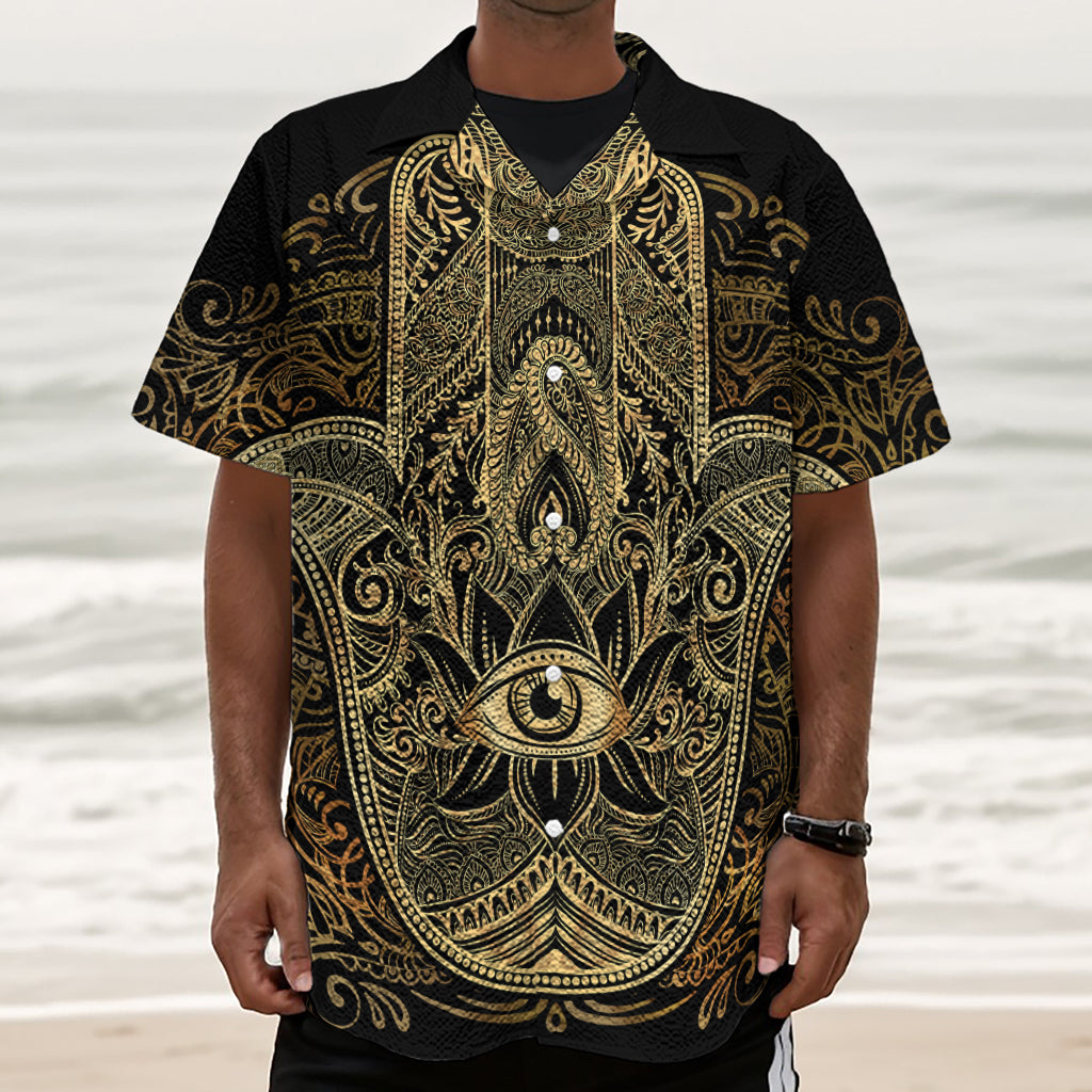 Gold Hamsa Hand Print Textured Short Sleeve Shirt