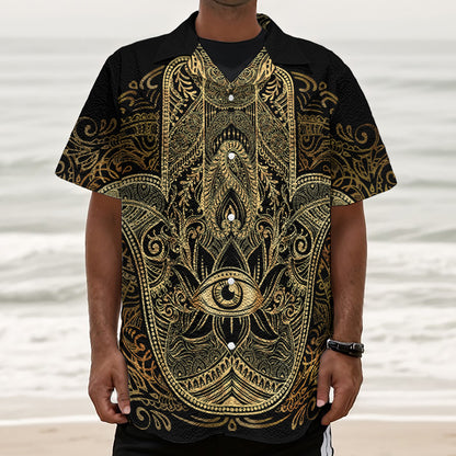Gold Hamsa Hand Print Textured Short Sleeve Shirt