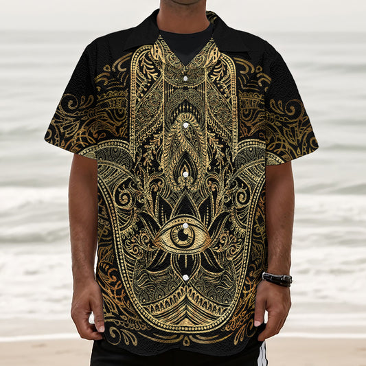 Gold Hamsa Hand Print Textured Short Sleeve Shirt