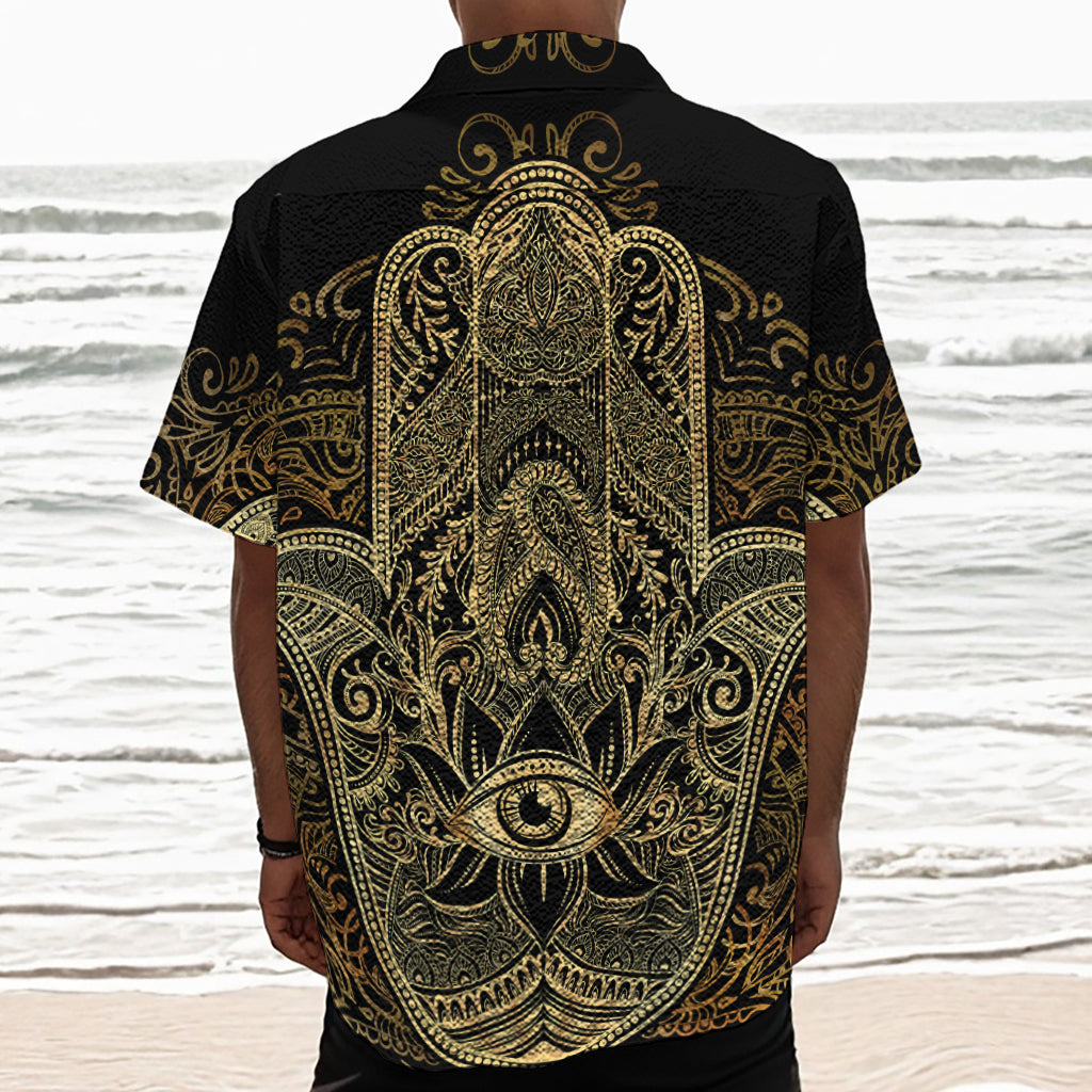 Gold Hamsa Hand Print Textured Short Sleeve Shirt