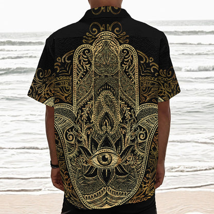 Gold Hamsa Hand Print Textured Short Sleeve Shirt