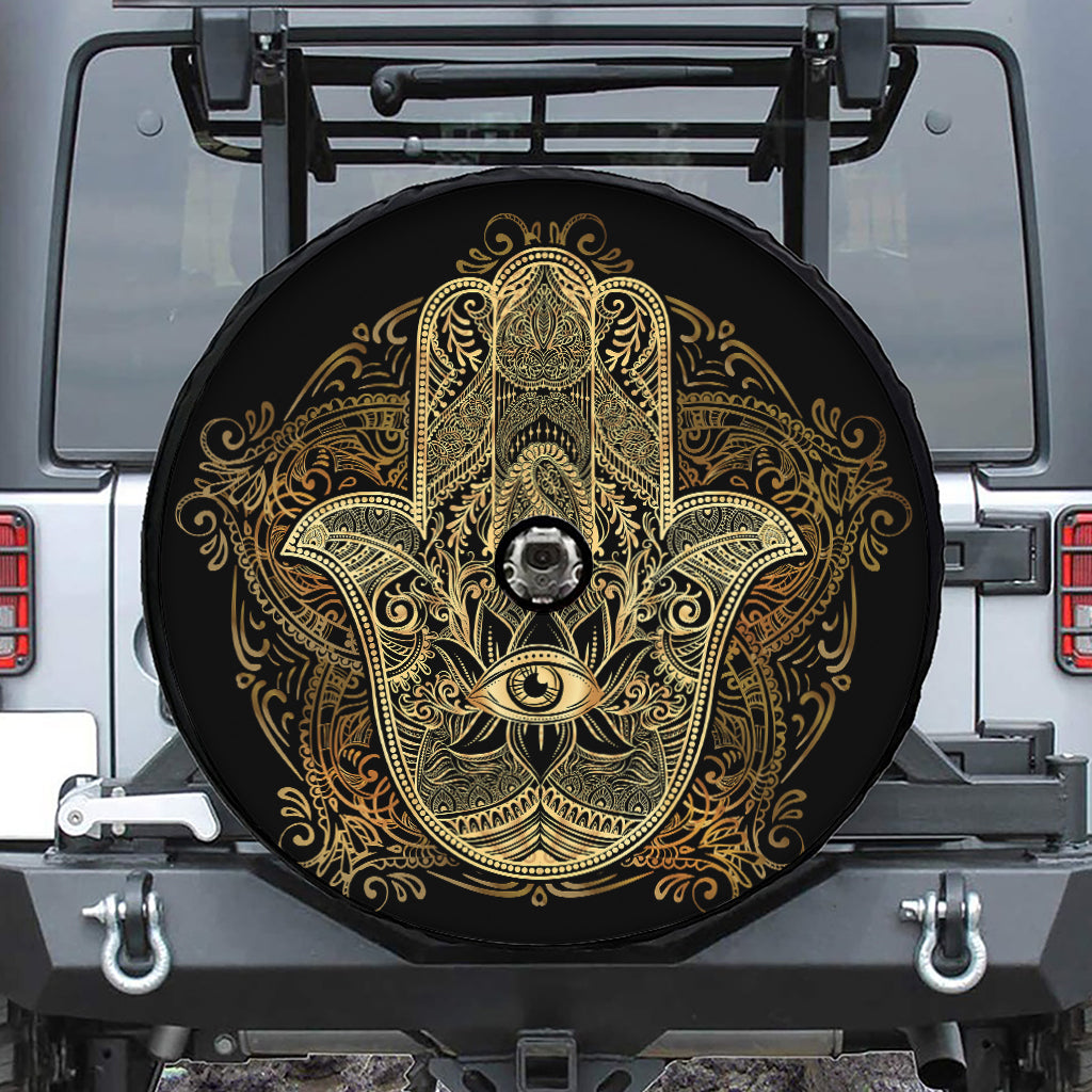 Gold Hamsa Hand Print Tire Cover With Camera Hole