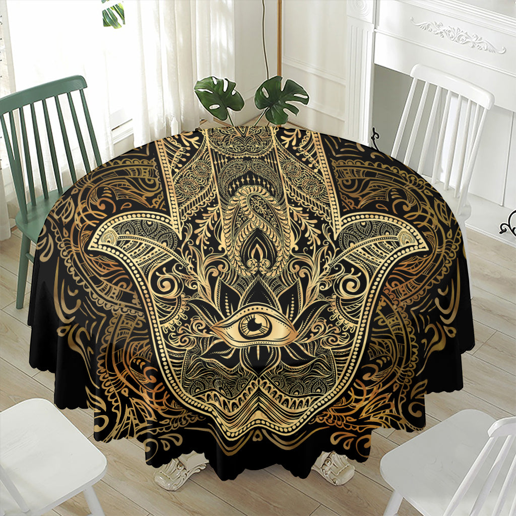 Gold Hamsa Hand Print Waterproof Round Tablecloth