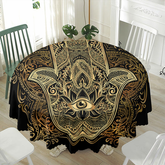 Gold Hamsa Hand Print Waterproof Round Tablecloth