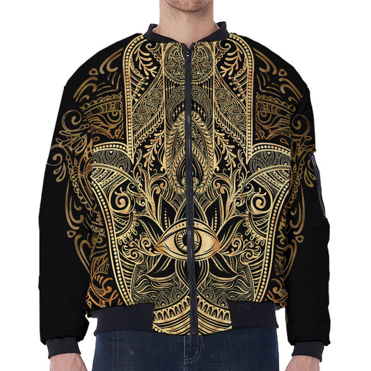 Gold Hamsa Hand Print Zip Sleeve Bomber Jacket