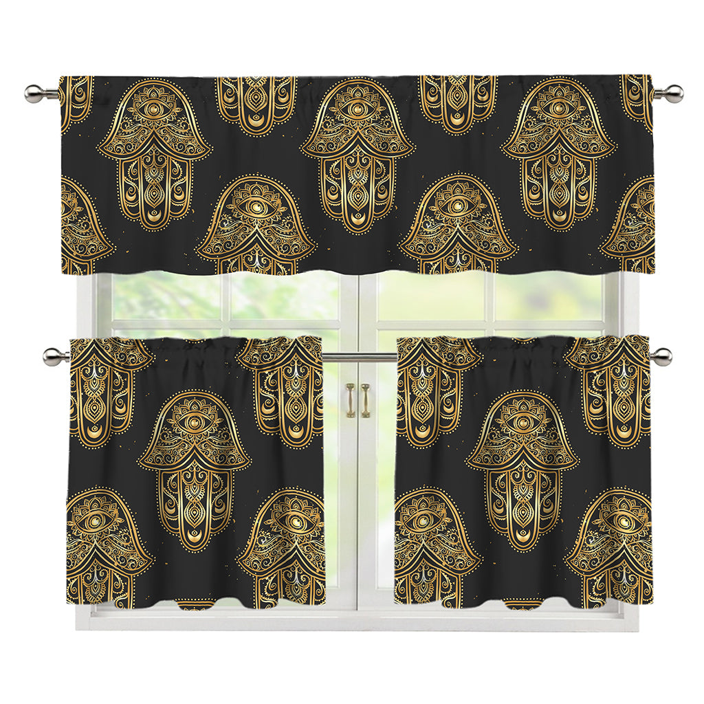 Gold Hamsa Pattern Print 3 Piece Kitchen Curtains