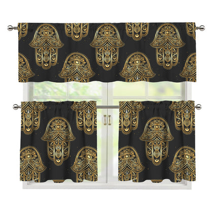 Gold Hamsa Pattern Print 3 Piece Kitchen Curtains