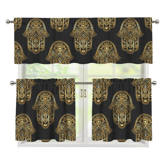 Gold Hamsa Pattern Print 3 Piece Kitchen Curtains