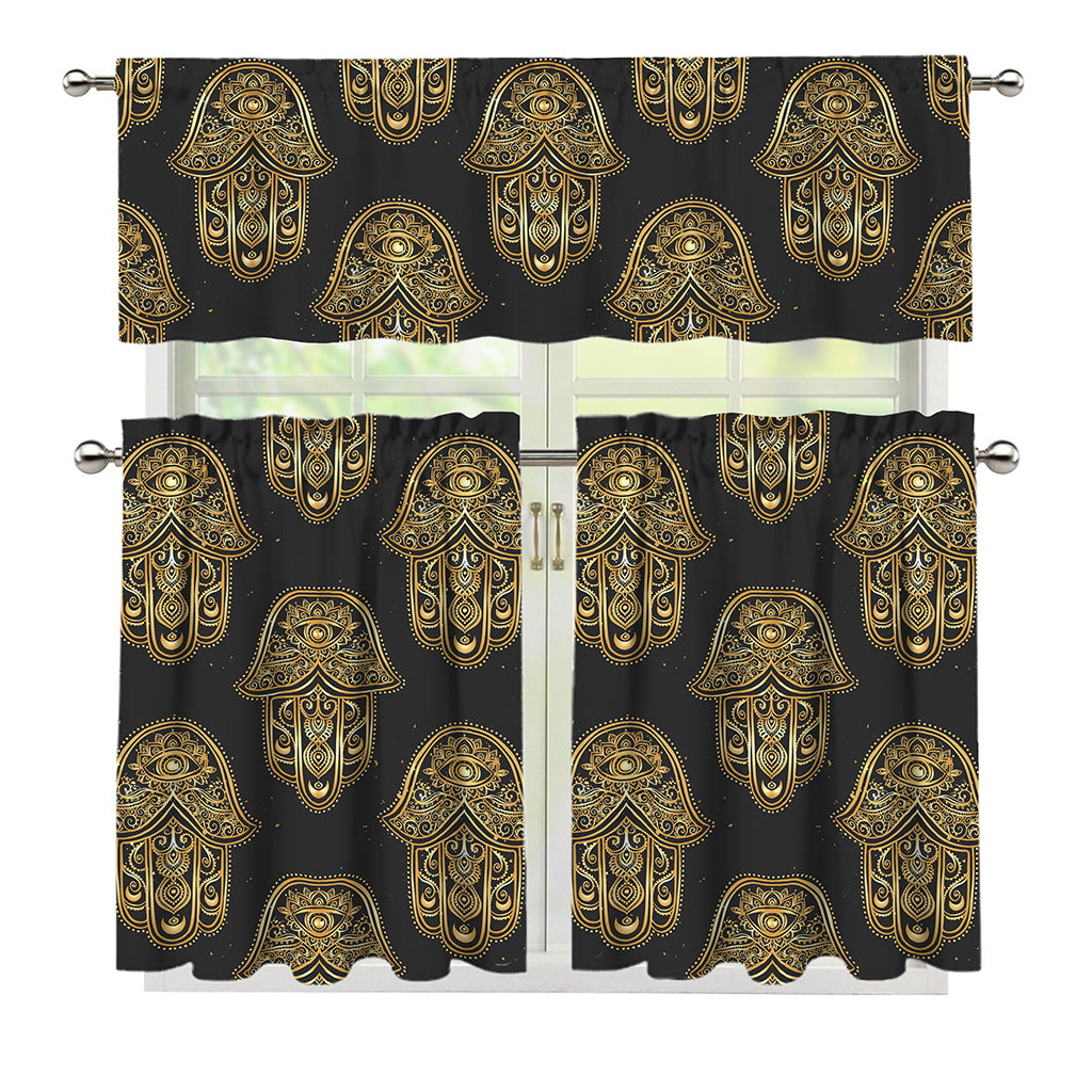 Gold Hamsa Pattern Print 3 Piece Kitchen Curtains