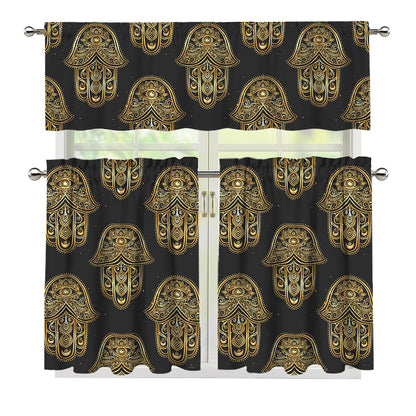 Gold Hamsa Pattern Print 3 Piece Kitchen Curtains