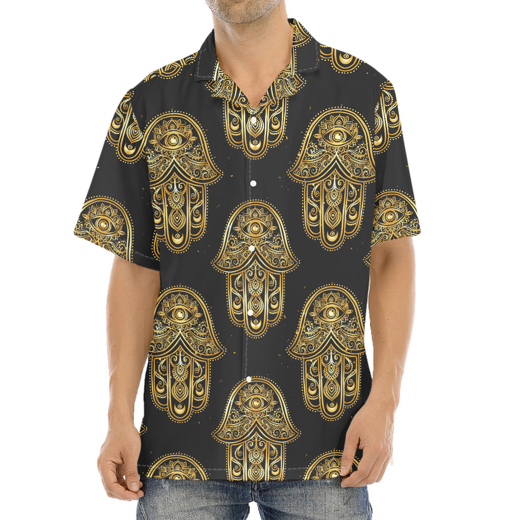 Gold Hamsa Pattern Print Aloha Shirt