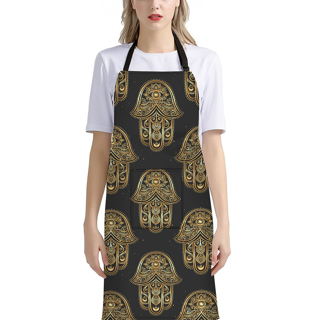 Gold Hamsa Pattern Print Bib Apron With Pocket