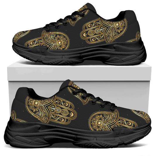 Gold Hamsa Pattern Print Black Chunky Shoes