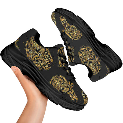Gold Hamsa Pattern Print Black Chunky Shoes