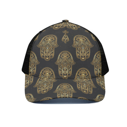 Gold Hamsa Pattern Print Black Mesh Trucker Cap
