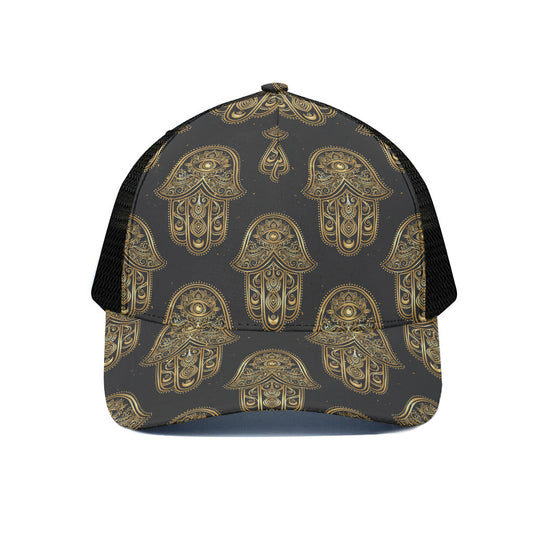 Gold Hamsa Pattern Print Black Mesh Trucker Cap