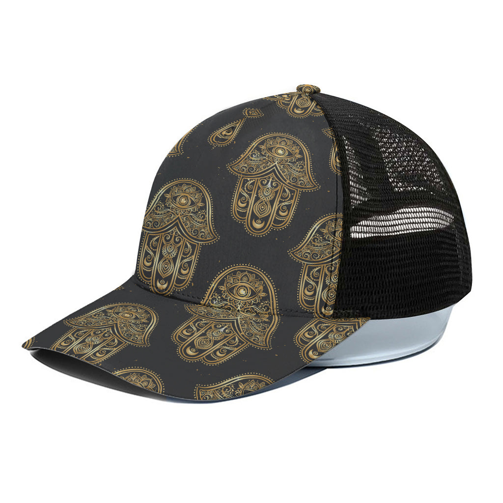 Gold Hamsa Pattern Print Black Mesh Trucker Cap
