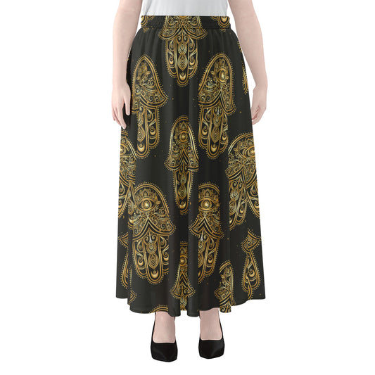 Gold Hamsa Pattern Print Chiffon Maxi Skirt