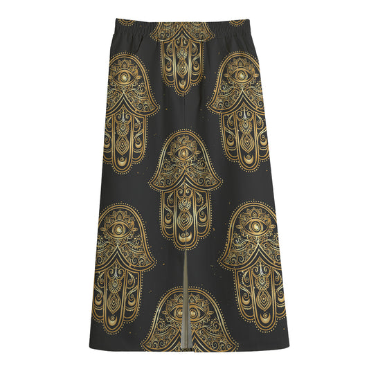 Gold Hamsa Pattern Print Cotton Front Slit Maxi Skirt