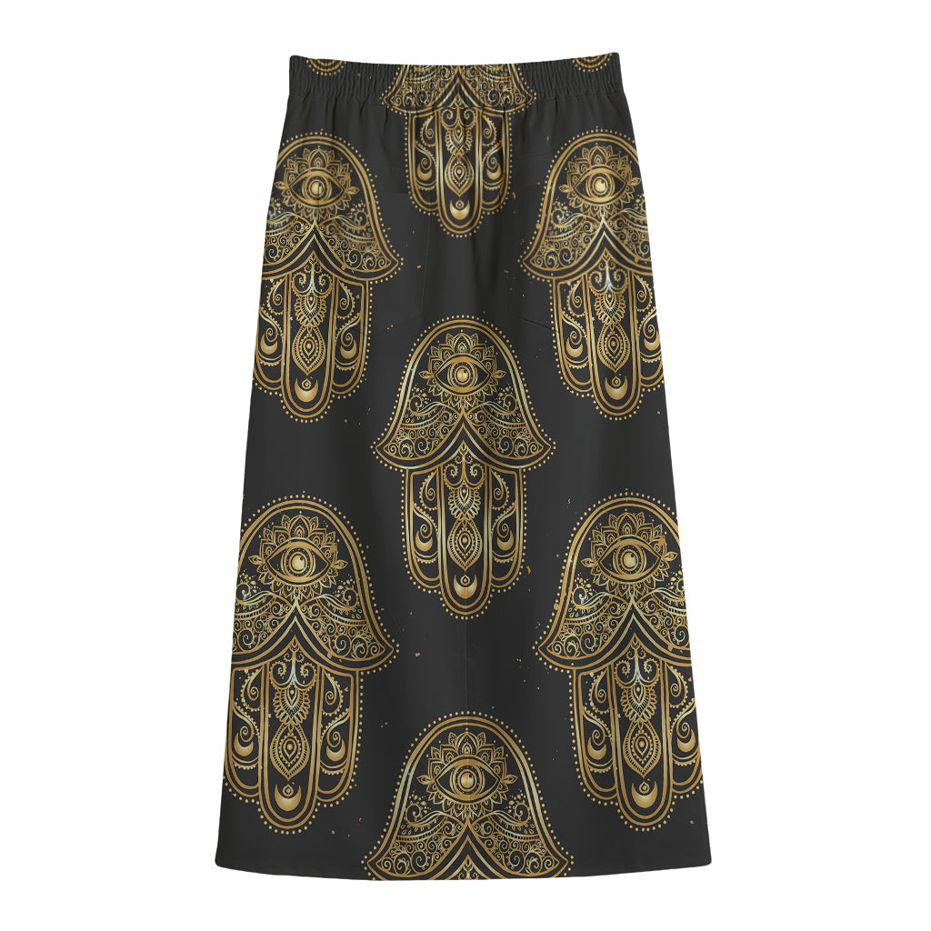 Gold Hamsa Pattern Print Cotton Front Slit Maxi Skirt