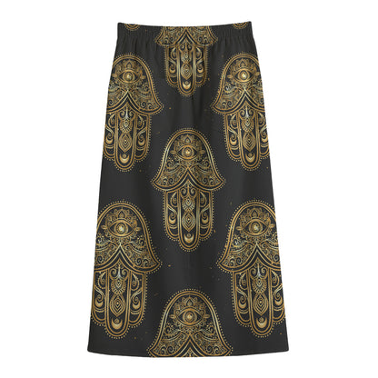 Gold Hamsa Pattern Print Cotton Front Slit Maxi Skirt