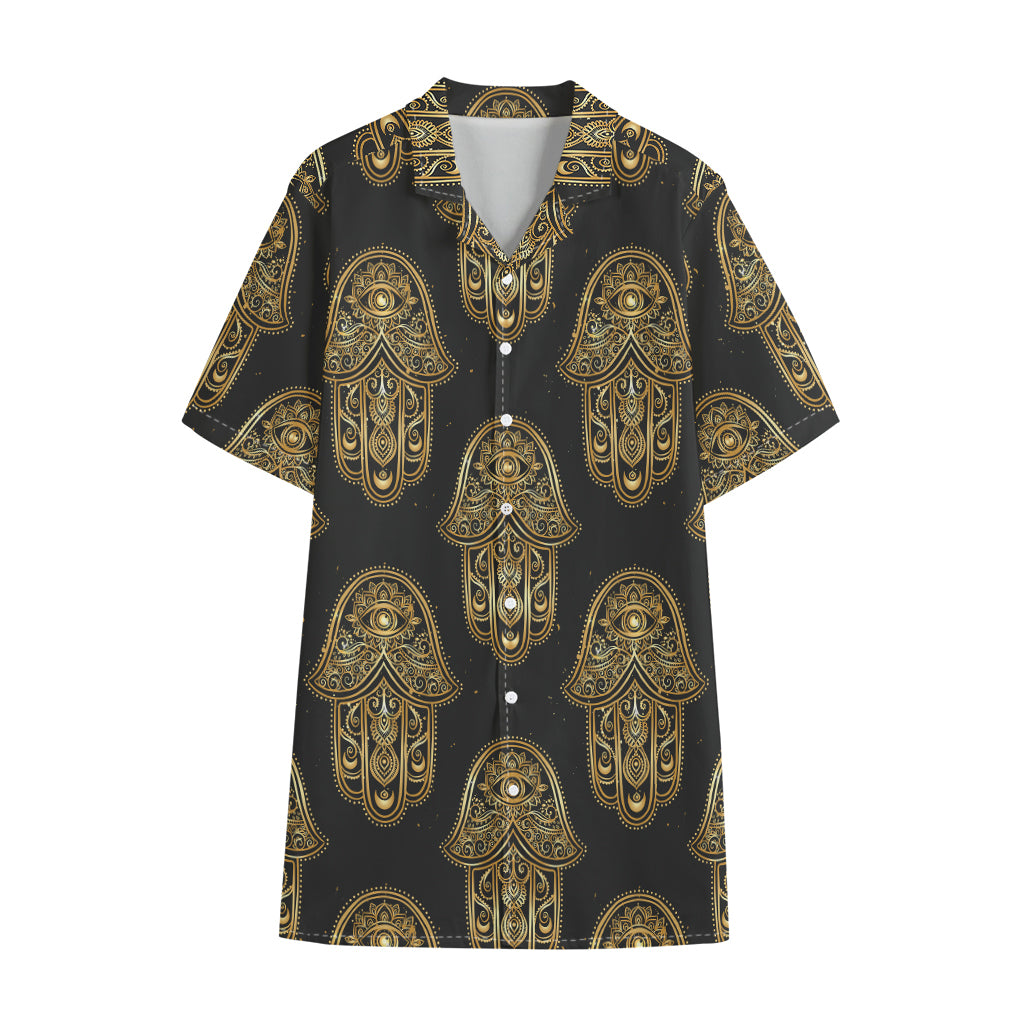 Gold Hamsa Pattern Print Cotton Hawaiian Shirt
