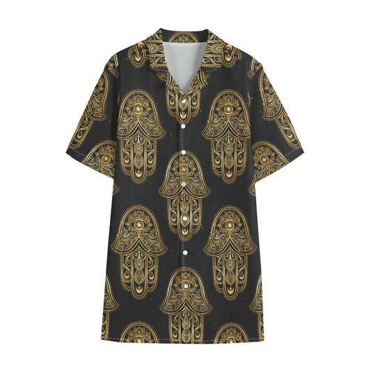 Gold Hamsa Pattern Print Cotton Hawaiian Shirt