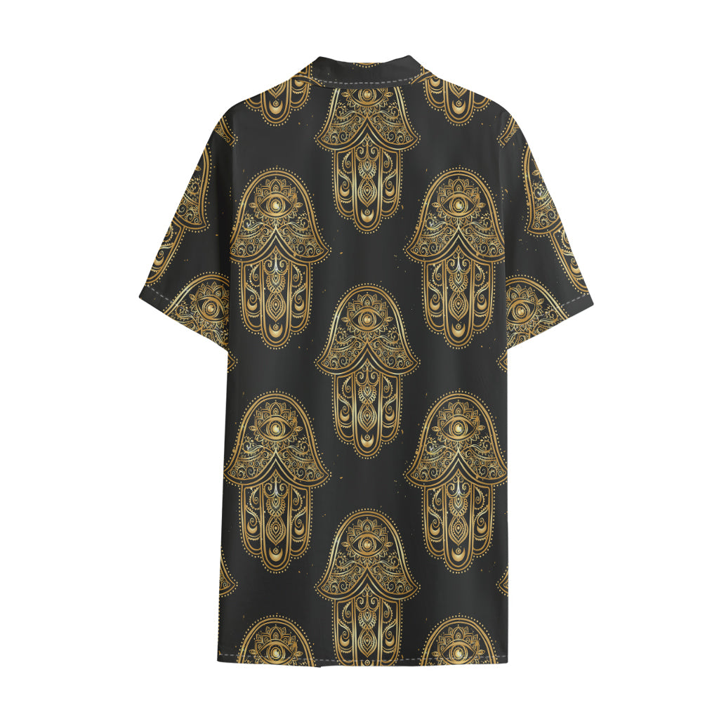 Gold Hamsa Pattern Print Cotton Hawaiian Shirt