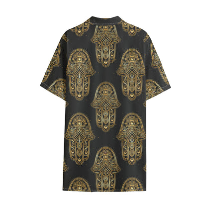 Gold Hamsa Pattern Print Cotton Hawaiian Shirt
