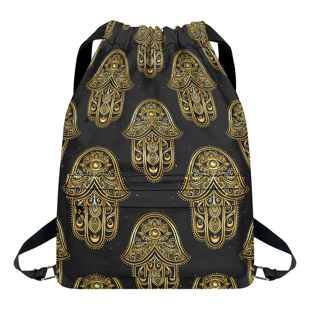 Gold Hamsa Pattern Print Drawstring Backpack