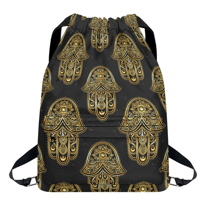Gold Hamsa Pattern Print Drawstring Backpack
