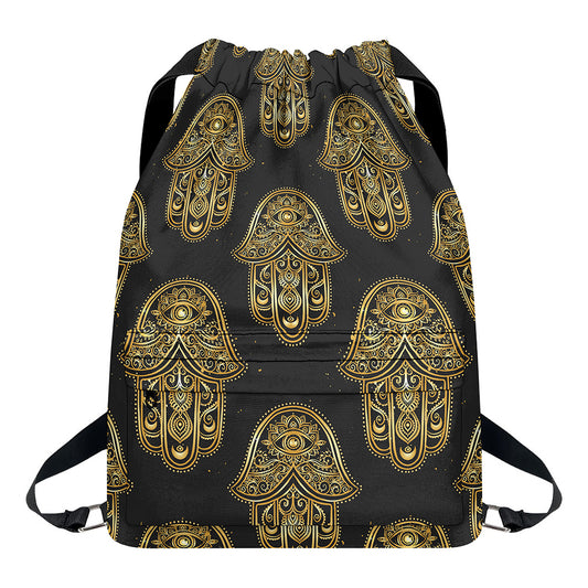 Gold Hamsa Pattern Print Drawstring Backpack